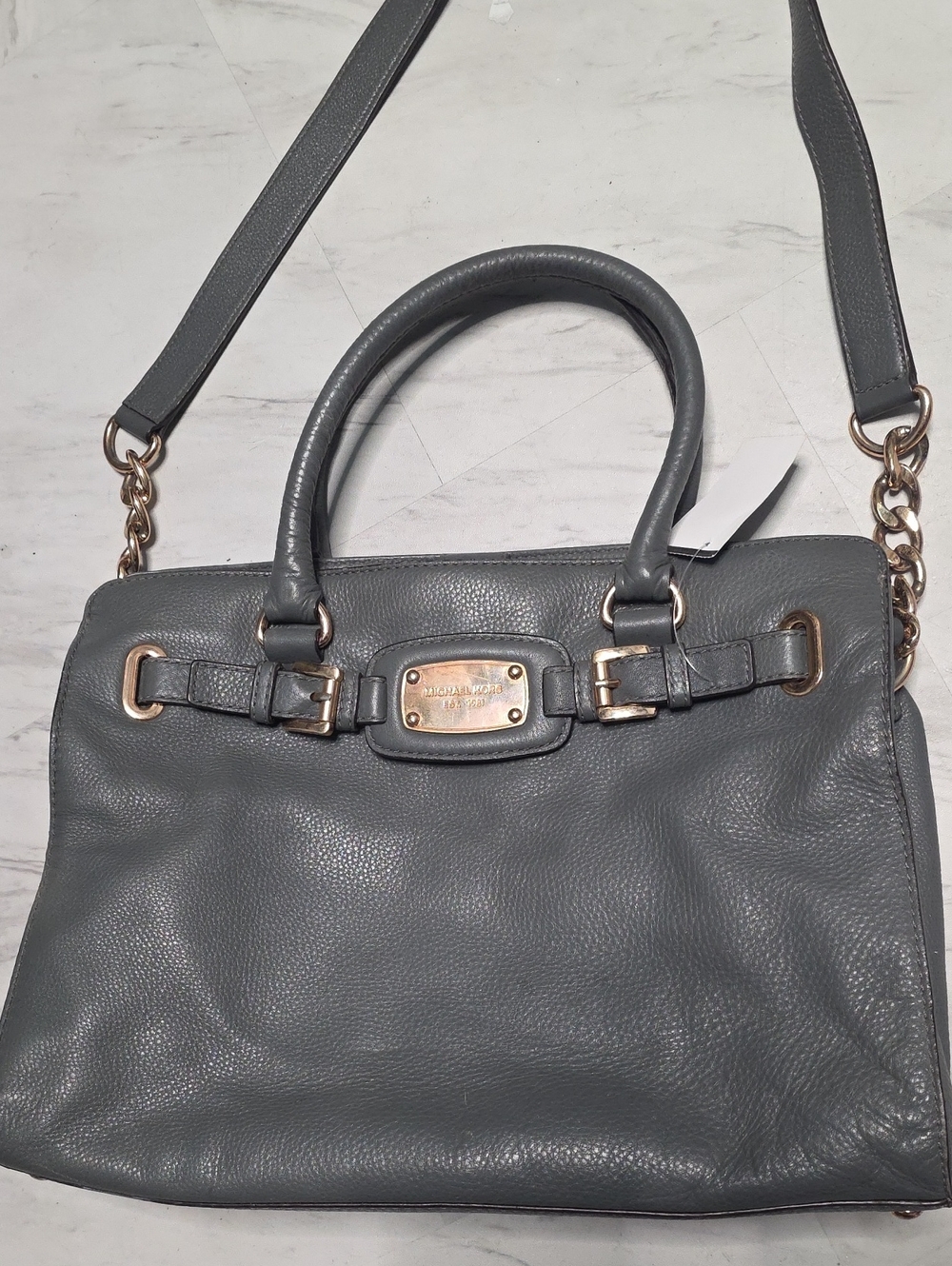 Michael Kors Slate Gray Leather Satchel with Gold-Tone Hardware